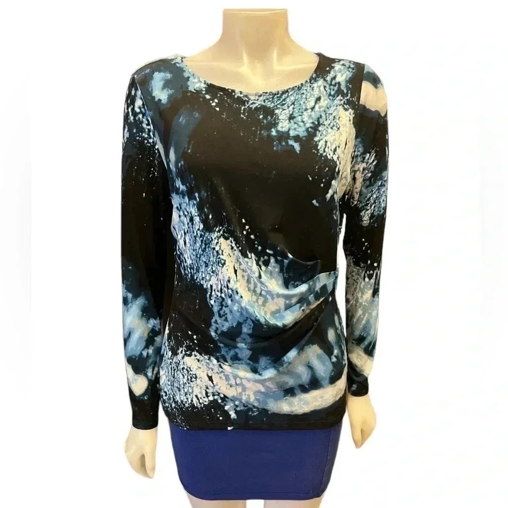 Calvin Klein Long Sleeve Wrap Style  Top With Buckle Blue White Size Medium